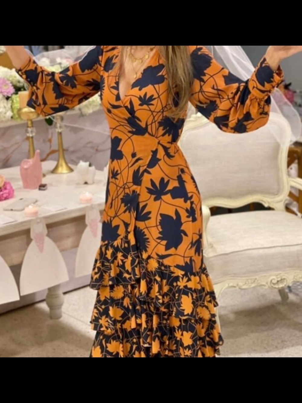 Pepita Perez- Floral Orange Maxi Dress with Blue Botanical Print